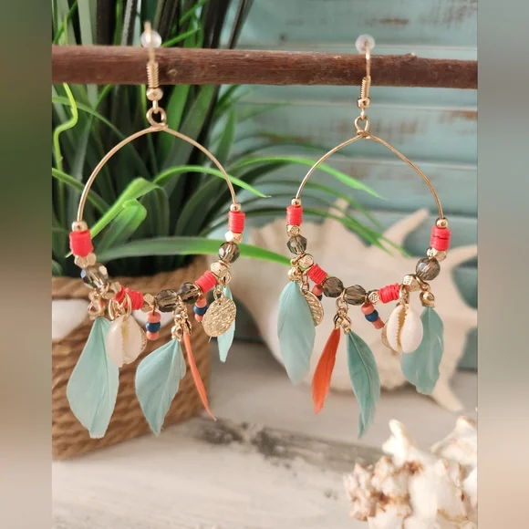 NEW Teardrop Feather and Shell Earrings - Picture 3 of 6